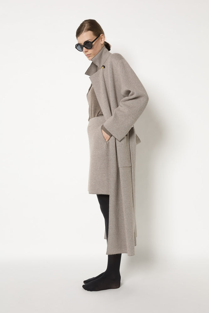 wide herringbone maxi coat